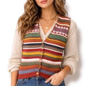 Vintage 90s Knit Sweater Vest Striped Multicolor Button Front Small Rustic Boho